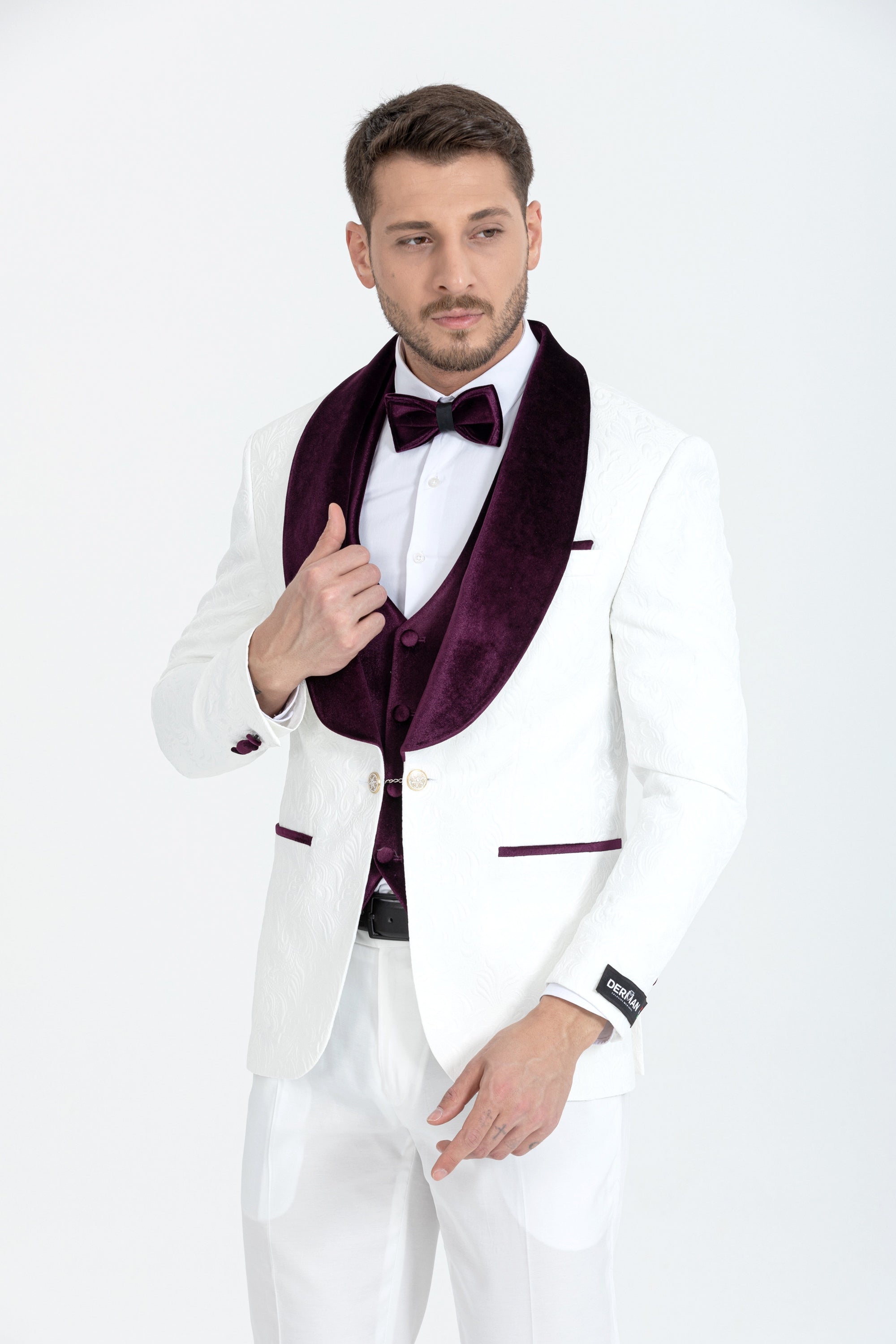 Burgundy Luxury Floral Textured Velvet Collar 3 Piece Tuxedo