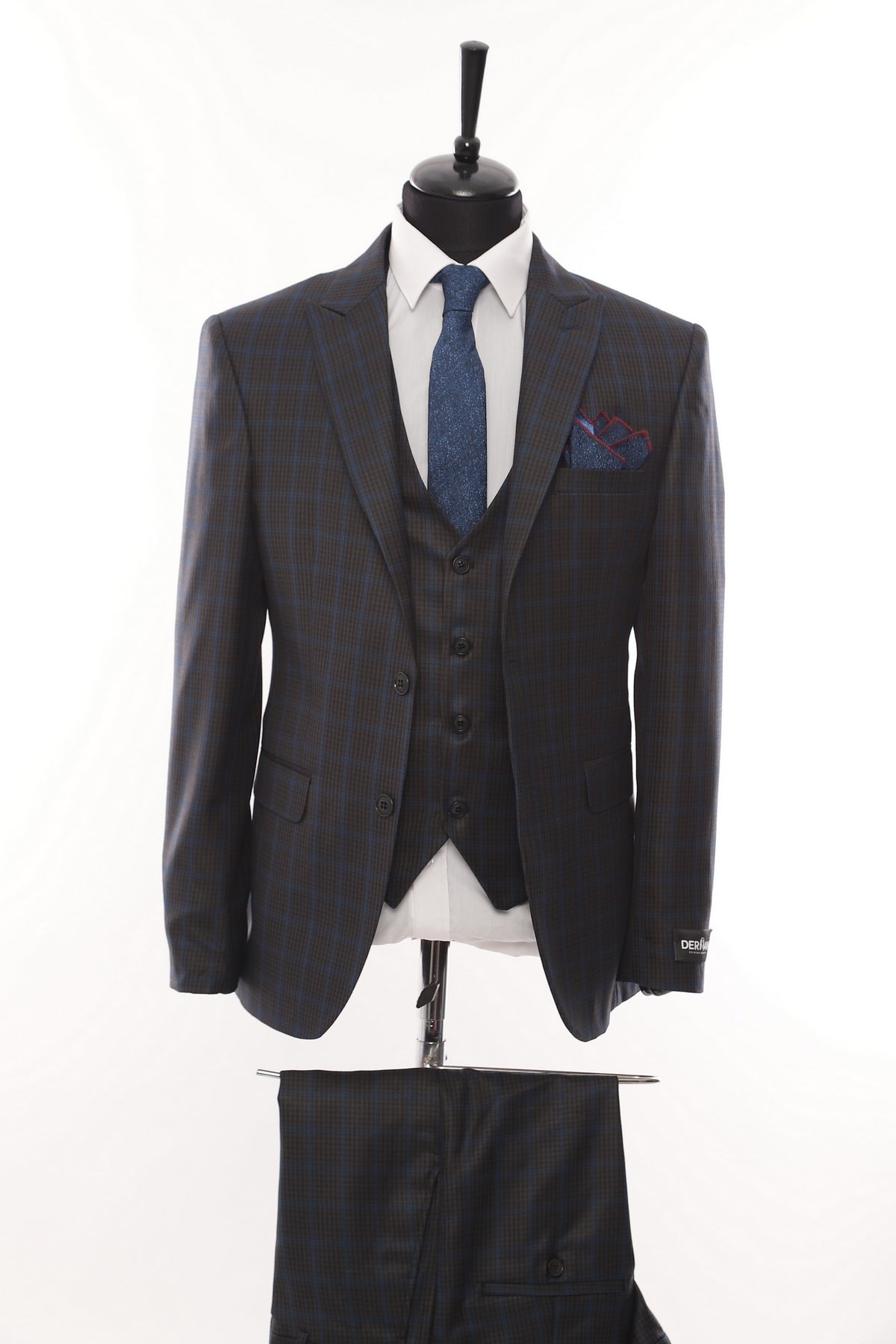 Grey Square Patterned Fabric 3 Piece Suit