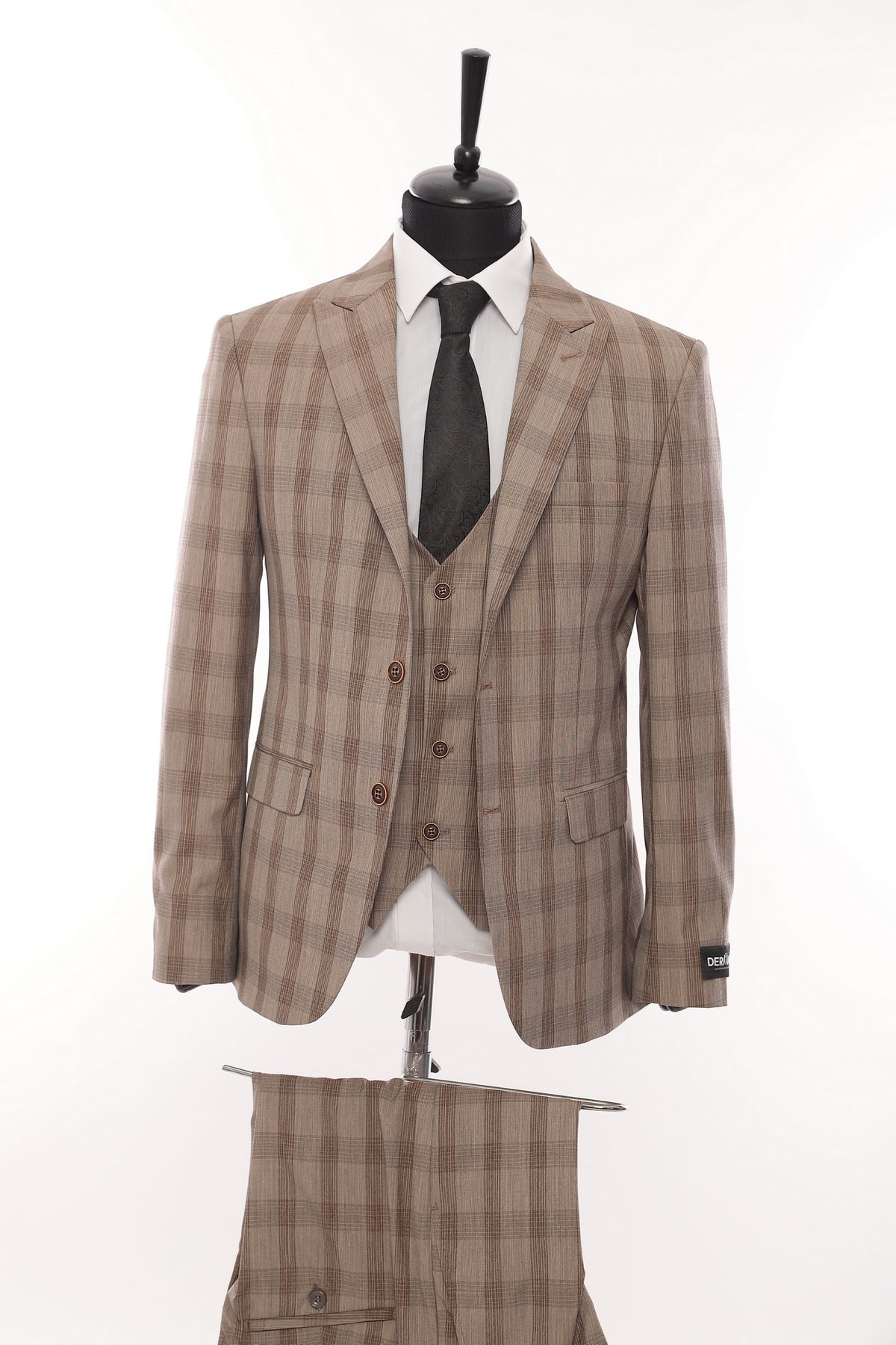 Brown Square Patterned Fabric 3 Piece Double Breasted Suit