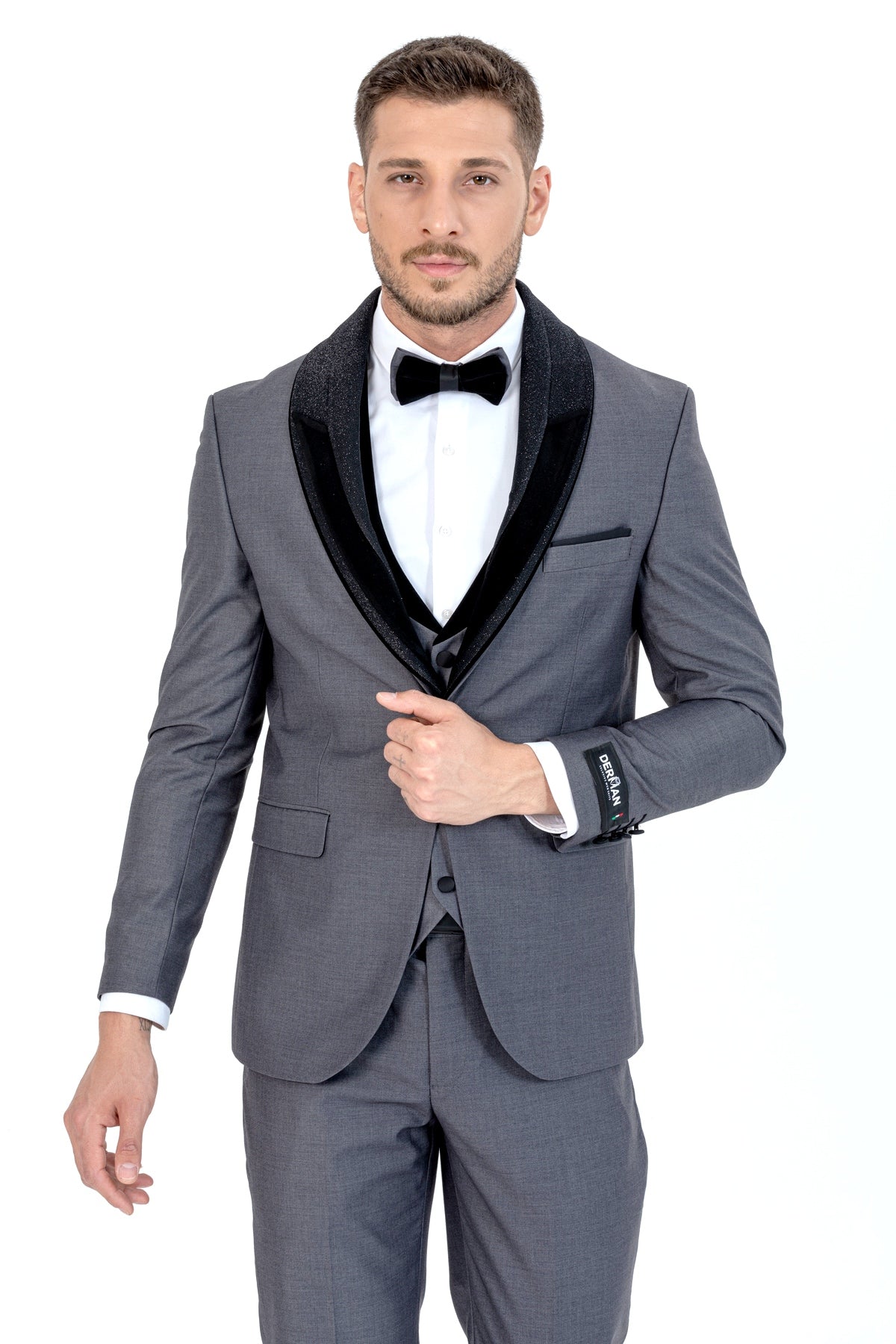 Grey Silvery Detailed Collar Tuxedo 3 Piece Set