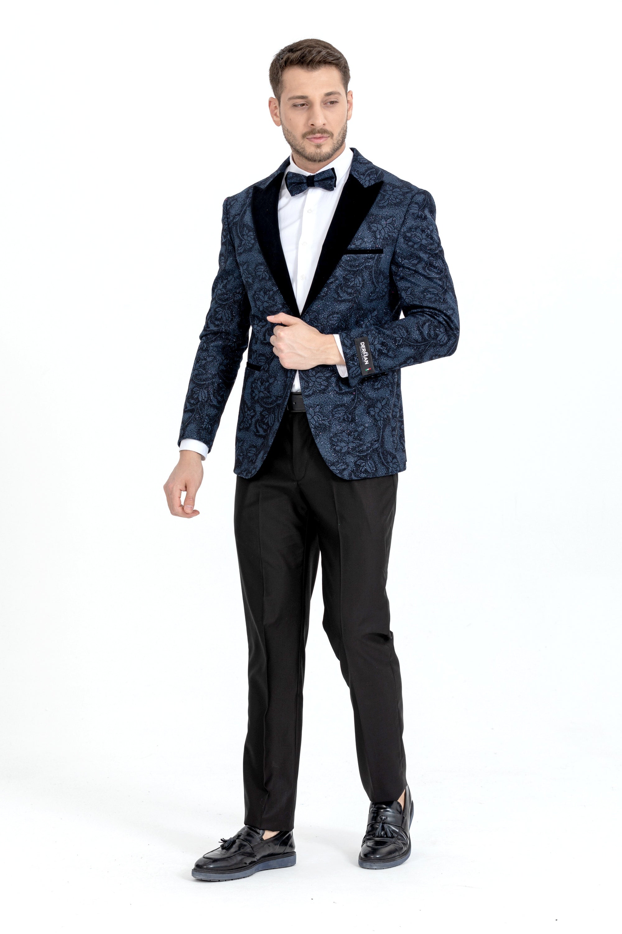 Blue Floral Patterned Silvery Fabric Tuxedo