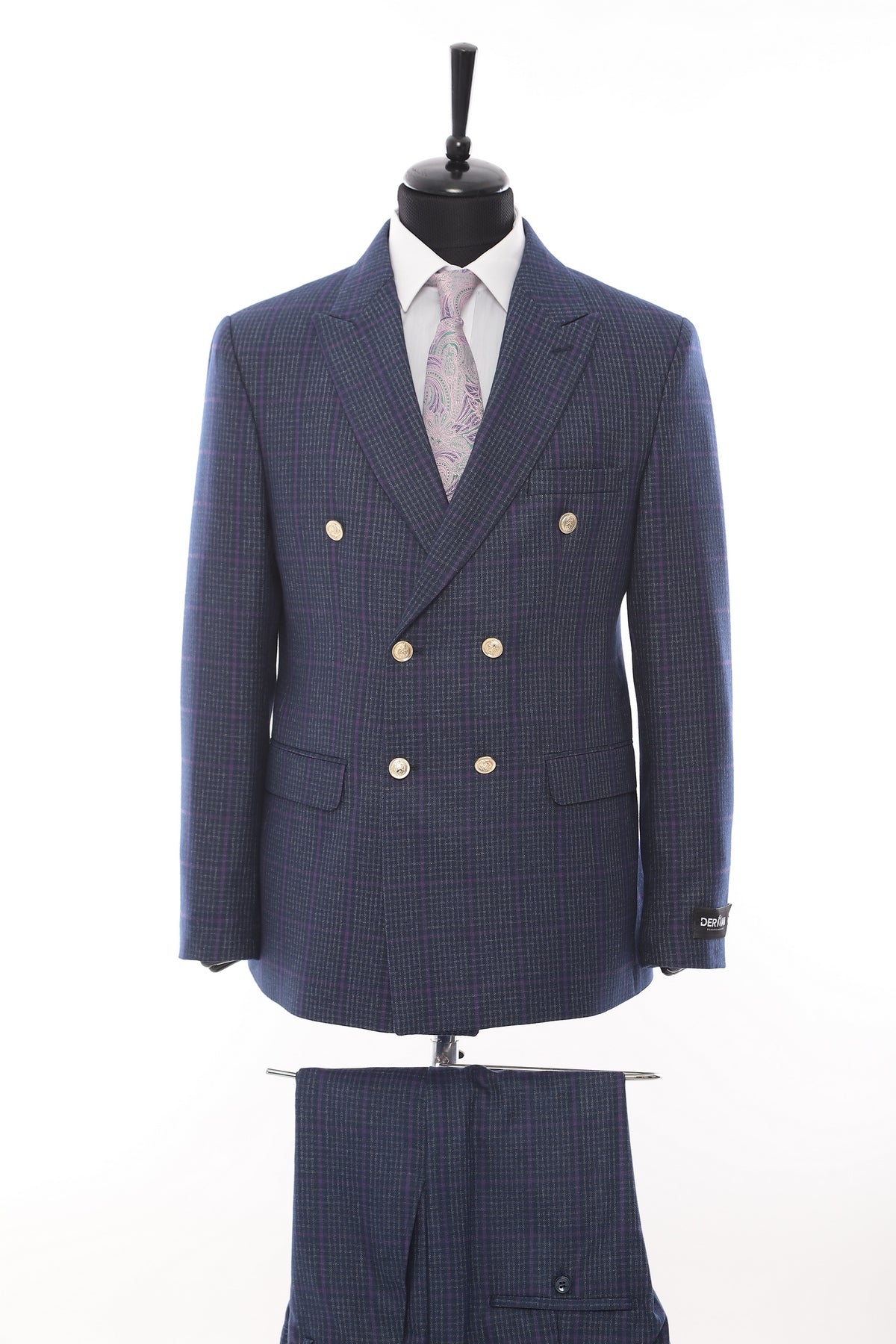 Double Breasted Navy Check Suit 2 Piece Suit