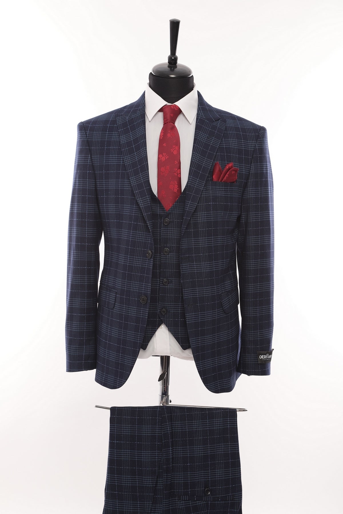 Double Breasted Navy Square Patterned Fabric 3 Piece Suit