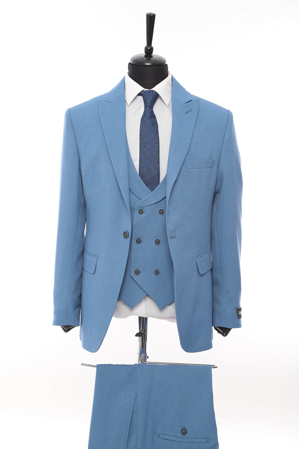 Sky Blue Patterned Fabric Luxury Suit 3 Pieces