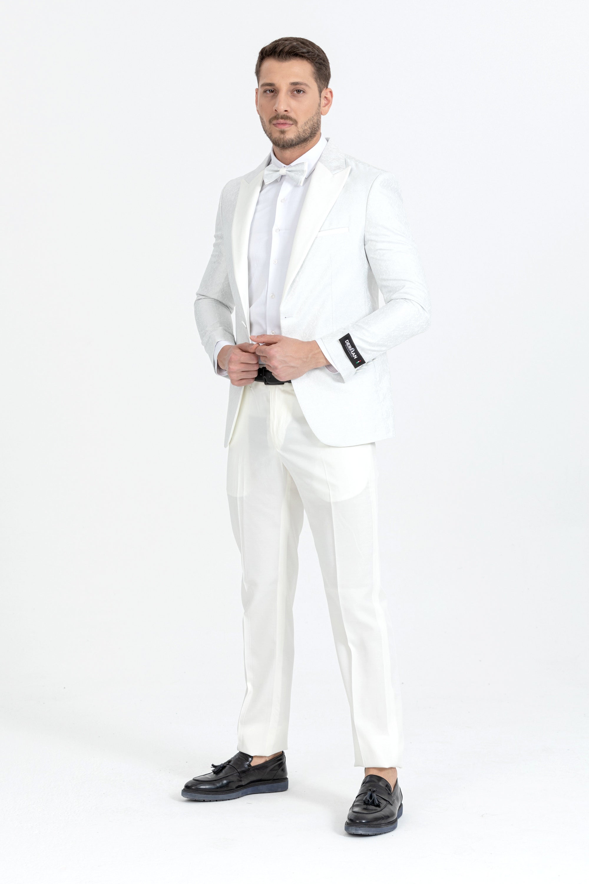 White Floral Pattern Textured Fabric Tuxedo