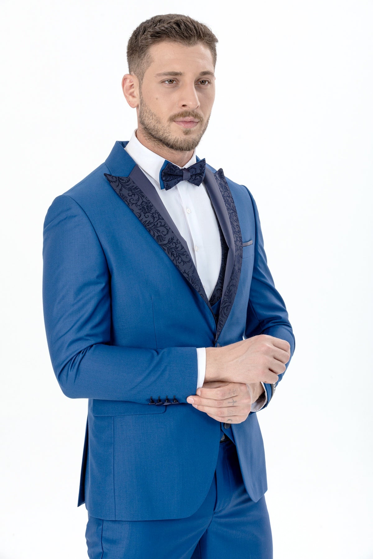 Royal Blue Floral Patterned Glitter Collar Tuxedo 3 Piece