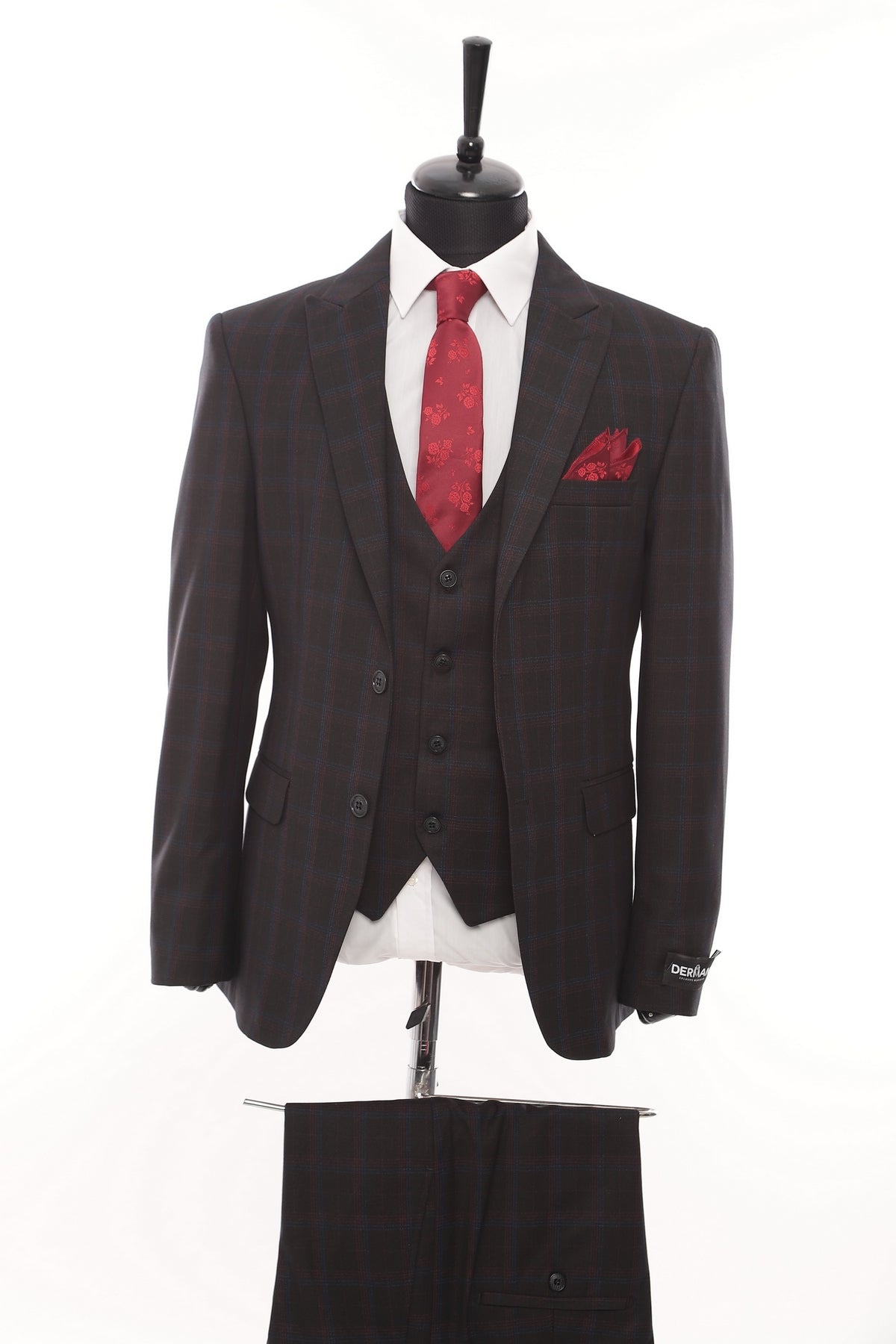 Red Square Patterned Fabric 3 Piece Suit