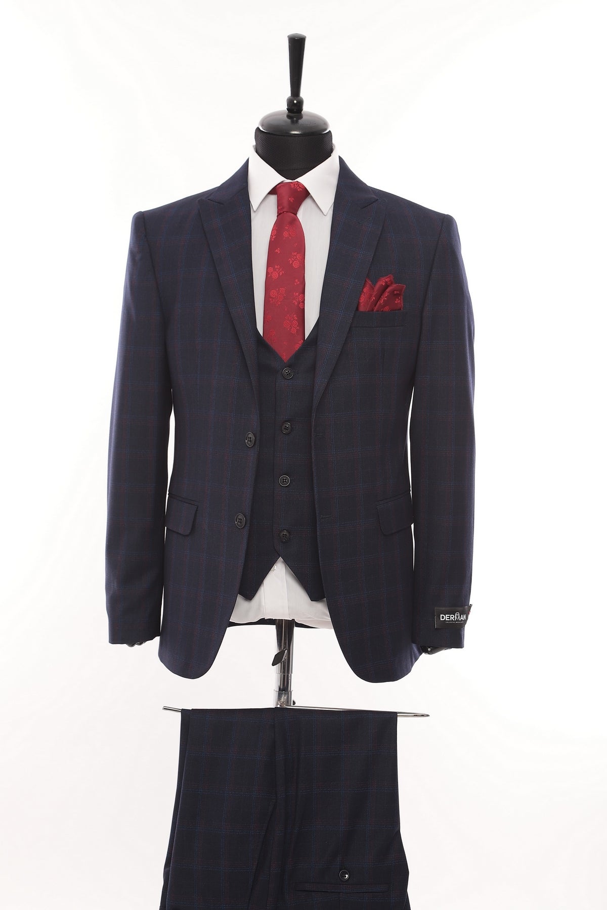 Darkblue Square Patterned Fabric 3 Piece Suit