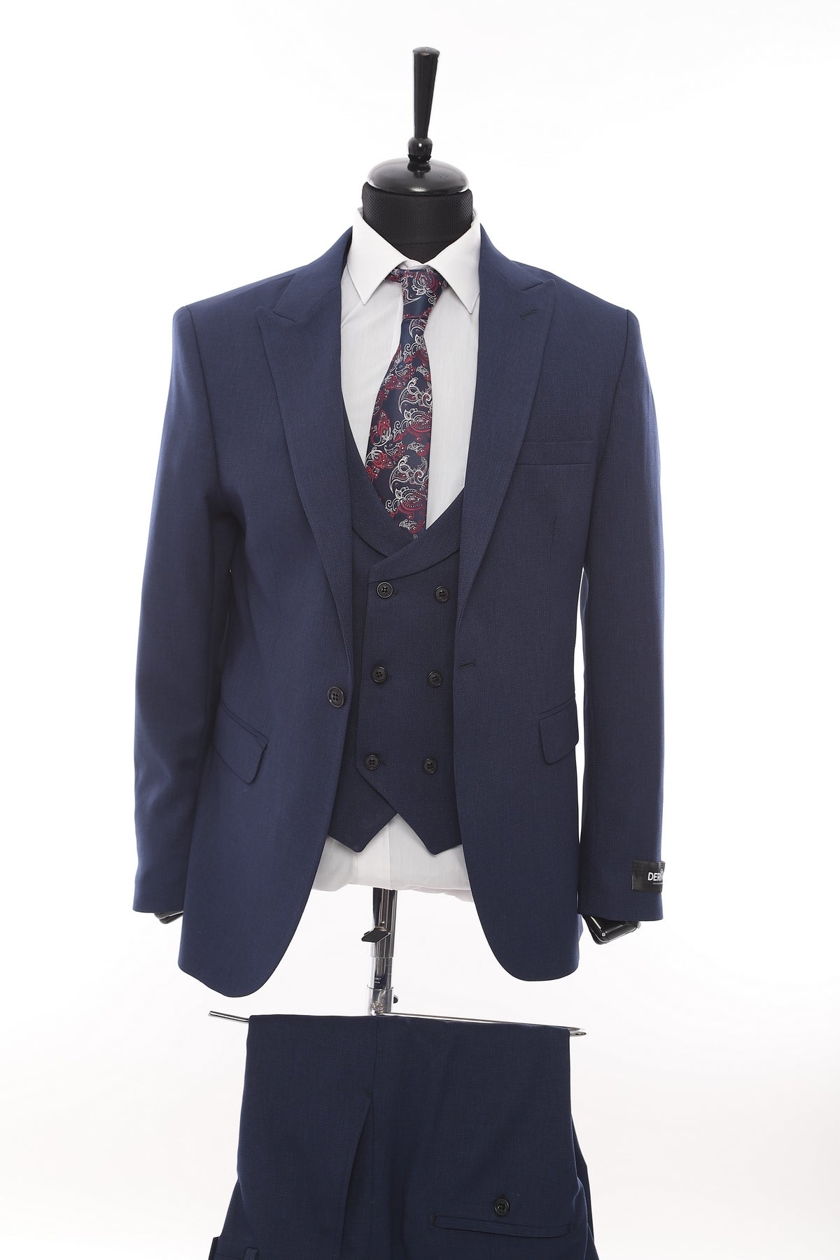 Navy Patterned Fabric Luxury Suit 3 Pieces