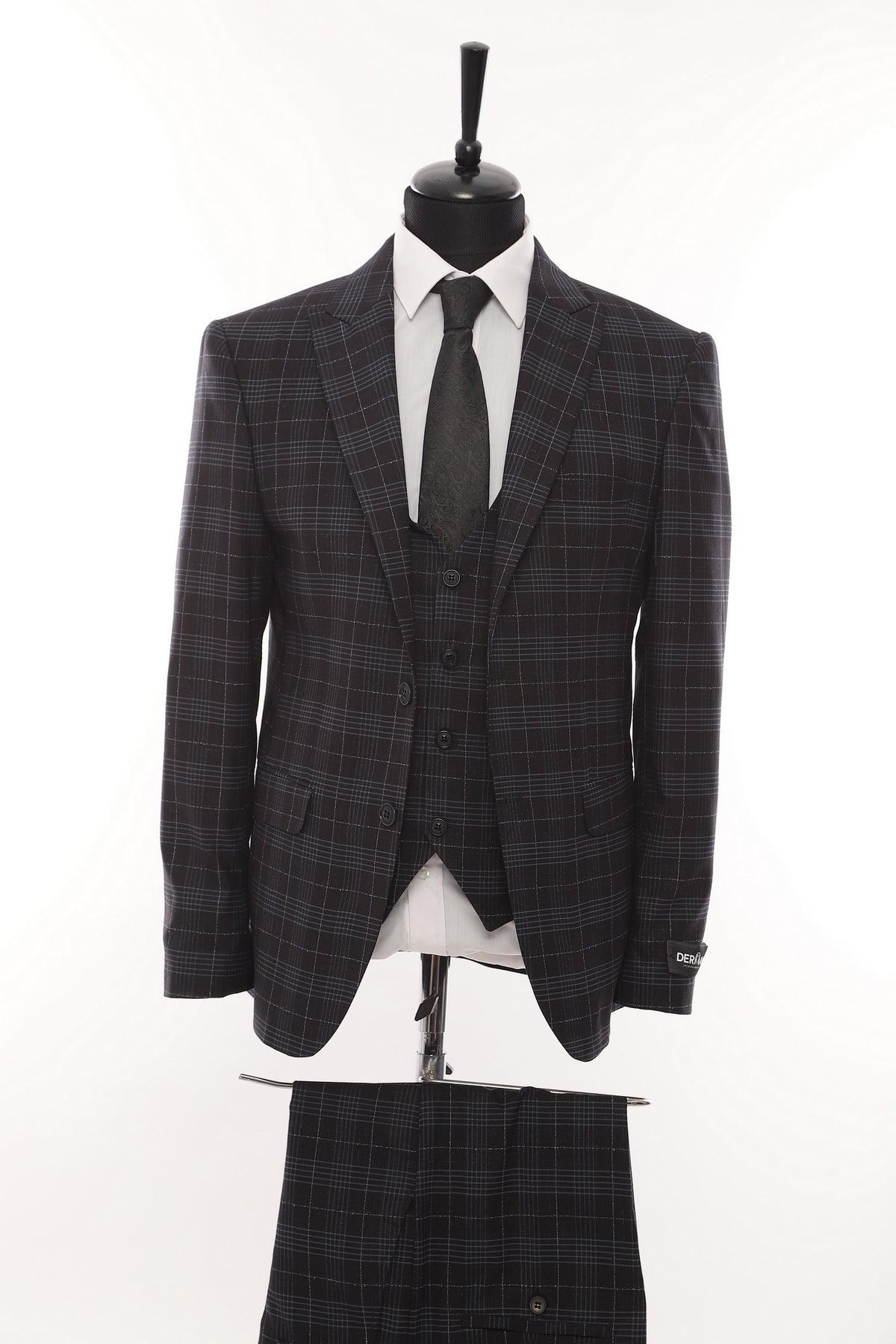 Double Breasted Black Square Patterned Fabric 3 Piece Suit