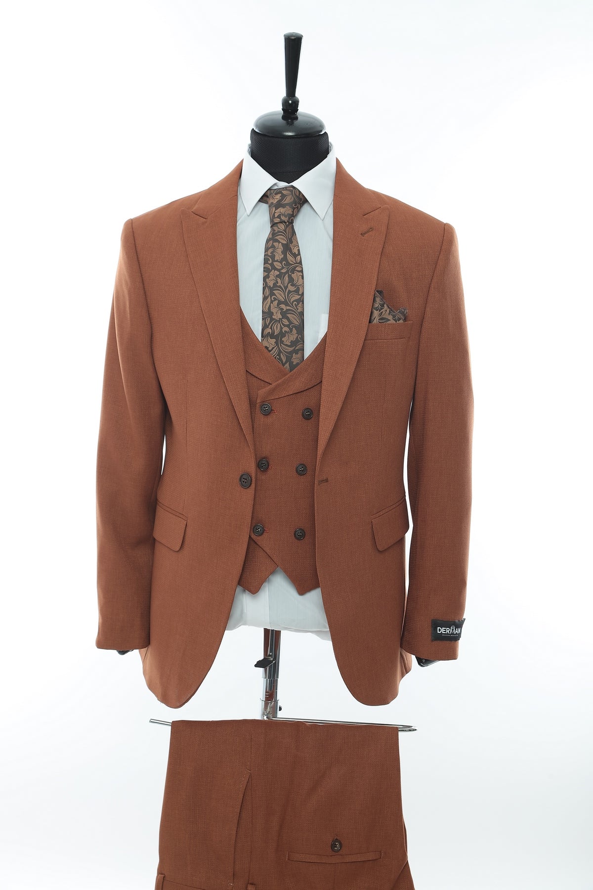Brown Patterned Fabric Luxury Suit 3 Pieces