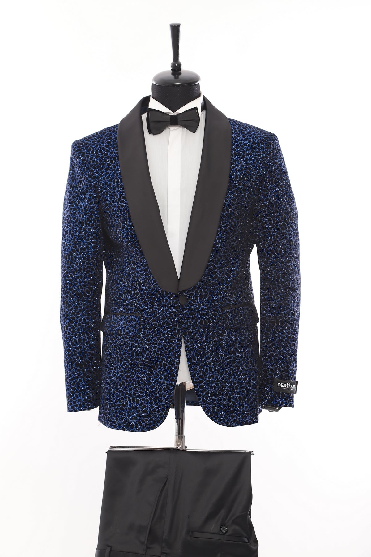 Blue Floral Patterned Glitter Luxury 2 Piece Tuxedo